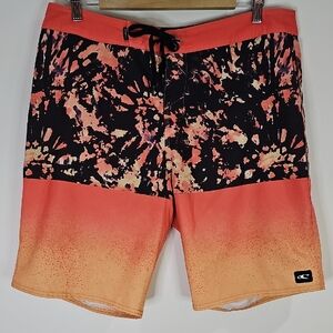 O'Neill 36" Waist Coral and Black Tie-Dye Board Shorts